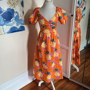 NWT | Petal & Pup | Orange Floral Print Open Back Puff Sleeve Sundress | Size 0
